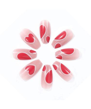 Love Heart Press-On Nails 24pcs Rose Red Full Cover Long Coffin Fake Nails for Women & Girls | Perfect Love Style Design - Buy Online on GoSupps.com