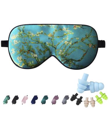 LaCourse 100% Natural Mulberry Silk Eye Mask for Sleeping with 4Pair EarPlugs & Travel Pouch Both Sides 19 Momme Organic Silk Adjustable Silk Sleep Eye Mask for Women Green-Floral Green Floral With 4pair Earplugs