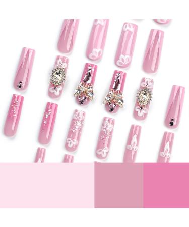 Extra Long Press On Nails - Gold Butterfly & 3D Diamond Floral Designs | XL Fake Nails for Women - 24pcs Stick On Set - Buy Online on GoSupps.com