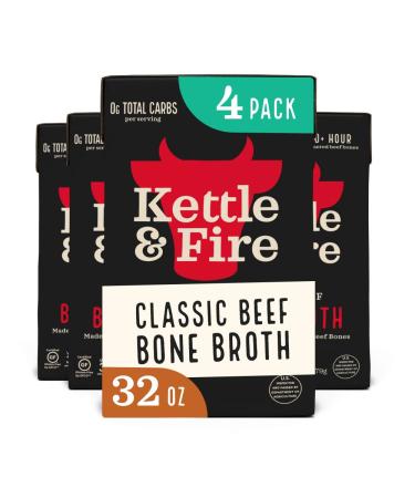 Kettle and Fire Classic Beef Bone Broth, Keto, Paleo, and Whole 30 Approved, Gluten Free, High in Protein and Collagen, 4 Pack (32 Ounces) - Buy Online on GoSupps.com