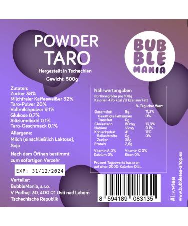Taro Vegan Powder Bubble Tea - High Quality Milk Tea Powder for Strong Flavor | 500g (1 Pack) - Perfect for Bubble Tea - Buy Online on GoSupps.com
