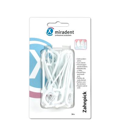 Miradent Zahnpick 2-in-1 individually blister-packed 30 St. |For removal of coarse food residues (handle: toothpick) |To remove the dental plaque and fine food residues (dental floss) unknown)