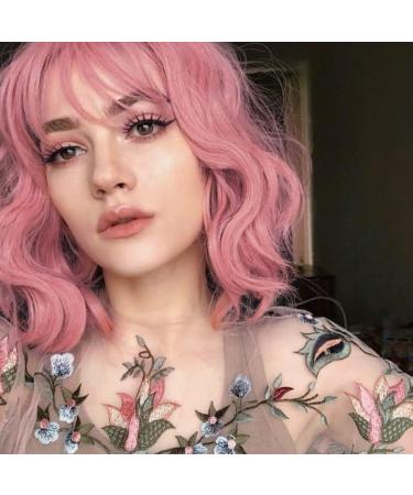 PARXITN Wavy Bob Wig with Bangs Natural Wig Synthetic Hair Short Curly Wigs for Women F5# Pink
