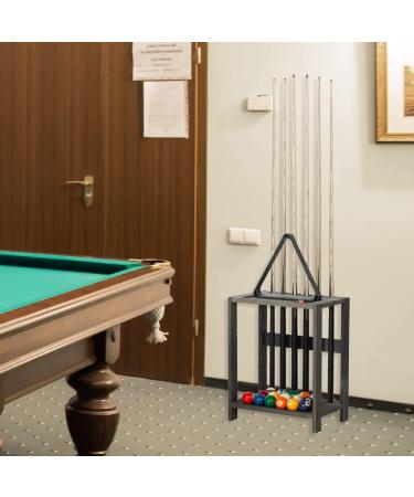 Vintage Gray Solid Wood Billiards Pool Cue Rack Floor Stand with Ball and Chalk Storage - Buy Online on GoSupps.com