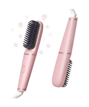 Ionic Hair Straightening Brush|Portable Hot Comb Pro 450 Million Negative Ions 25s Heat-up&Safe Auto-Off 9 Tempdisplay&Dual Voltage Sandwich Anti-Scald Comb Teeth for Travel&Home(Pink)