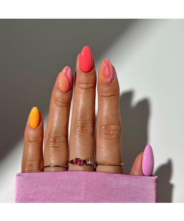 24 Pcs Cute Nails Short Press on Nails Almond Fake Nails RIICFDD False Nails with Colorful Candy Color Curve Design Acrylic Nails Full Cover Loveliness Glue on Nails for Women and Girls Nail Decor Style 18