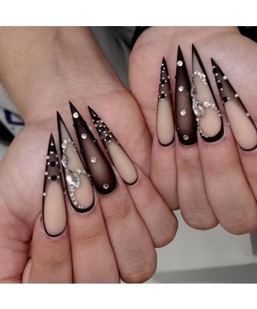 Buy Brown Stiletto Press on Nails with French Tips & Rhinestones - 24pcs Luxury Gothic Acrylic Nails for Halloween - Glossy Stick on Nail Designs for Women - Buy Online on GoSupps.com