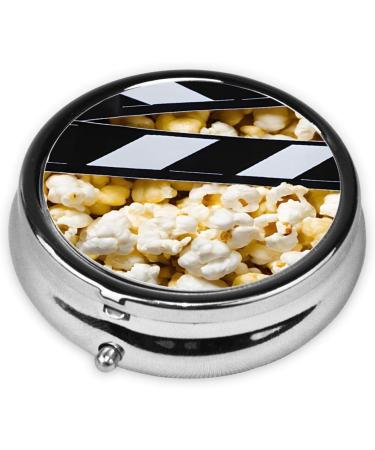 Cinema Movie Clapboard & Popcorn Round Pill Box - 3 Compartment Mini Decorative Travel Organizer for Medicine Tablets & Vitamins - Buy Online on GoSupps.com