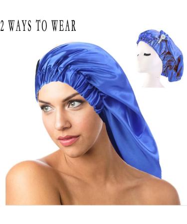 LadayPoa 2 Pcs Long Satin Sleep Cap for Women - Black+Blue | Silky Bonnet for Curly Hair Protection - Buy Online on GoSupps.com