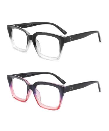Retro Oversized Blue Light Blocking Reading Glasses for Women Oprah Style Large Thick Frame Ladies Reader with Spring Hinge (Black/ Transparent + Purple/ Pink, 2.25) Black/ Transparent + Purple/ Pink 2.25 x