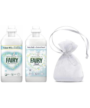 Fairy Fabric Conditioner Huggably Soft for Sensitive Skin Bundle: Original Fabric Softener 33 Washes 1.155L + Fresh Fabric Softener 30 Washes 1.05L + Our Gift for You: Organza Bag Size 9x7x0.1cm
