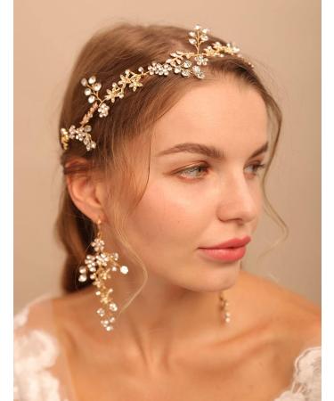 Deniferymakeup Bridal Floral Rhinestone Headband Rhinestone Earring Set Gold Wedding Accessories for Women and Girls - Buy Online on GoSupps.com