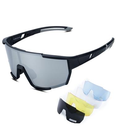 Polarized Cycling Glasses Sports Sunglasses with 5 Lenses for Men Women, UV400 TR90 Lightweight Baseball Running Fishing Golf Black-silver