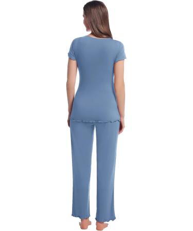 Maternity Pyjama Set XL | Short Sleeve Tops & Long Pants | Summer Cool & Moisture Wicking | Pregnancy & Nursing Sleepwear in Dusty Blue - Buy Online on GoSupps.com