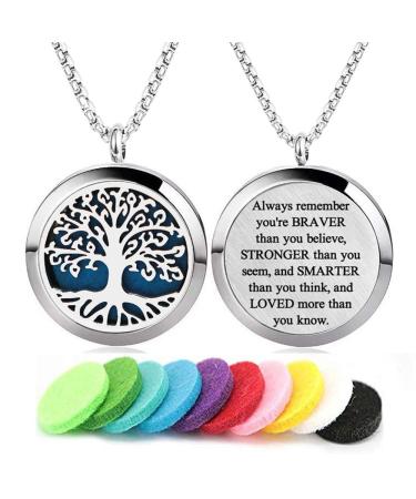 Aromatherapy Essential Oil Diffuser Necklace Tree of Life Pattern Stainless Steel Locket Pendant with 24Inch Chain Engraved Silver Tree of Life