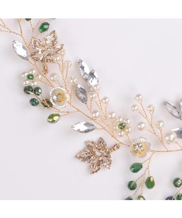 Chargances Handmade Green Rhinestone Headband Floral Gold Leaf Hair Vine Wedding Crystal Long Hair Piece Tiara Bridal Hair Accessories for Women and Girls - Buy Online on GoSupps.com
