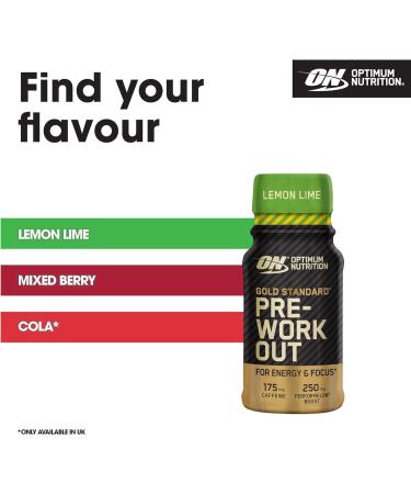 Optimum Nutrition Gold Standard Pre-Workout Energy Shot Ready to Drink Food Supplement with Beta Alanine Caffeine PerforMelon Boost and Vitamin B6 and B12 Lemon Lime Flavour 12-Pack 12 x 60 ml - Buy Online on GoSupps.com