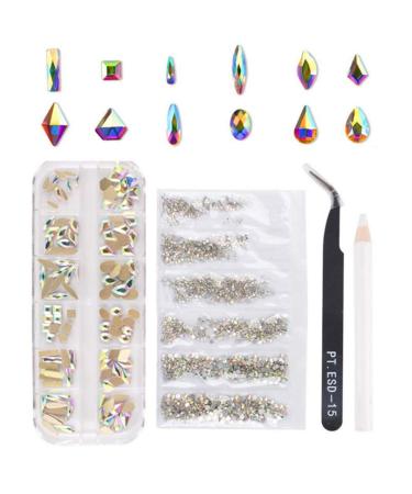 Desikixudy Nail Art Set Irregular Crystal Diamond Round Rhinestones Flat Bottom Curved Black Tweezer Nipper Wax Dotting Pen Tools