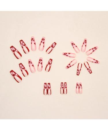 Justotry 24 Pcs Long False Nails with Pink Heart & Red French Design - Pretty Ballerina Stick on Nails for Women | Acrylic Coffin Fake Nails Medium with Glue for Nail Art - Buy Online on GoSupps.com