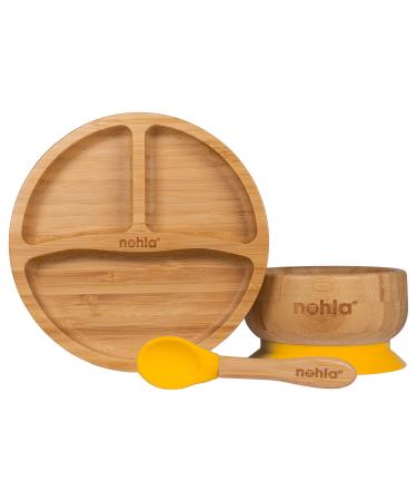 nohla - Bamboo Baby & Toddler Suction Plate Bowl & Silicone Spoon Weaning Set - Suction Ring for Secure Grip on Smooth Surfaces - Eco-Friendly BPA-Free - Yellow Yellow Set
