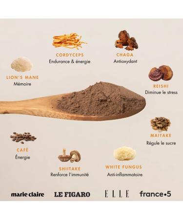 Caf Adaptog ne aux Champignons en Poudre | Complex Lions Mane Cordyceps Chaga | Mushroom Coffee nergie et Concentration | Caf soluble - 30 portions (140g) - Buy Online on GoSupps.com