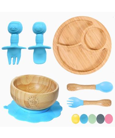 77 Star Bamboo Baby Weaning Set Baby Suction Bowl Suction Plate Baby Spoon & Fork Strong Detachable Suction Base Baby Feeding Set Non-Slip Bamboo Bowl & Baby Plates with Suction (Blue)