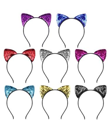 FRCOLOR 8 Pieces Sequin Cat Ears Headbands Reversible Shiny Sequin Hair Hoops Bling Hairband Hair Accessories for Women Girls