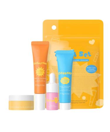 Travel Skin Care Set for Kids, Women's Facial Routine Set, 4 Piece Gentle Cleansing and Skin Care Kit with Face Cream, Cleanser, Serum and
