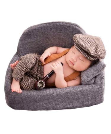 Baby Photography Props Newborn Boy Photo Shoot Outfits Infant Gentleman Suit Lattice Outfit Hats (Coffee) A-coffee