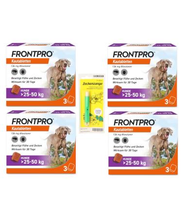 FRONTPRO Chewable Tablets for Dogs 25-50 kg 12-month set for protection against ticks and fleas with tick tweezers: Protects for up to 12 months
