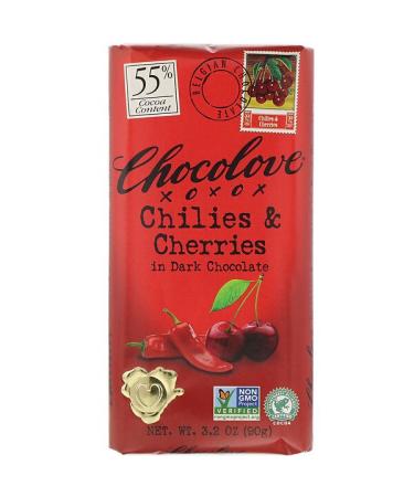 Chocolove Chilies & Cherries in Dark Chocolate 55% Cacao 3.2 oz (90 g)