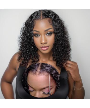 WEAR AND GO GLUEST WIG HUMAN PRE CUT LACE PRE PRE PRE PRE PREA HAIRLINE GLUESS BOB CURLY HUMAN WIG BLEACHETED KNOS UPGRADED 4 4 HD Lace Beginner Friendly 180% Density 16inch Bob Curly-1b (40cm)