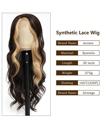 Long Wavy Black Highlighted Synthetic Lace Wig 28inch | Heat Resistant Curly Wavy Blonde Streaks | Side Part Natural Color - Buy Online on GoSupps.com