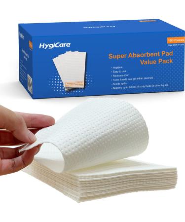 HygiCare Super Absorbent Pads Value Pack -100 Count -Medical Grade fits All Portable Toilet Bags, Bedside Commode Chairs, Bedpan Liners, Camping, Turning Body Fluids into Gel, Greatly Reduce Odor