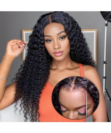4 4 HD Lace Wear and Go Glueless Wigs Pre Cut Lace Human Wigs Pre Plucked Natural Hairline Long Curly Wigs Blacheted Knots Upgraded for Black Women Freunde Friendly 180% Density 18inch Long Curly-1b (45cm)