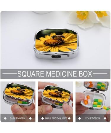 Meta Title: "Yellow Flower & Black Bee Print Pill Box - 2 Compartment Decorative Metal Pill Organizer for Pocket & Purse - International Shipping - Buy Online on GoSupps.com