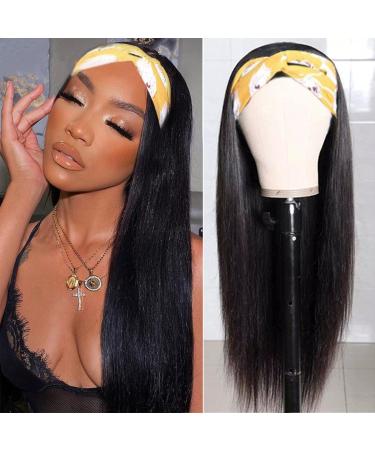 Utrue hair Headband Wig Human Hair Straight hair 20 Inch Headband Wigs for Black Women Brazilian Virgin Hair Machine Made None Lace Front Wigs Natural black color 20 Inch (Pack of 1) Headband wig-Straight hair-Natural color