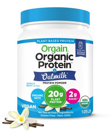 Orgain Vegan Protein Powder + Oatmilk, Vanilla Bean, 20g of Plant Based Protein, 2g of Sugar, Made from Organic Oats, No Dairy or Soy, Non-GMO, 1lb