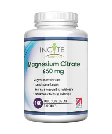 Magnesium Citrate Supplement 650mg | 180 Premium Vegan Capsules not Tablets (6 Month s Supply) | High Strength Magnesium Citrate | Suitable for Vegetarian | Made in The UK by Incite Nutrition
