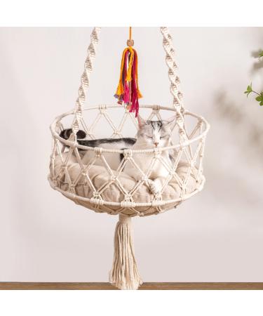 Hanging Macrame Cat Hammock Bed, Cat Swing Bed Space Saving Window Perch with Washed Cotton Mat & Funny Cat Toy for Indoor Cats