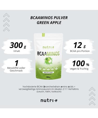 Nutri + BCAA Powder Green Apple 600g - High-Dose Vegan Amino Acids Complex - Instant BCAAs Supplement - Best Amino Acid Preparation for Energy & Recovery - Buy Online on GoSupps.com