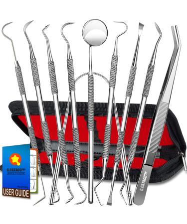 Dental Tools, 10 Pack Professional Plaque Remover Teeth Cleaning Tools Set, Stainless Steel Oral Care Hygiene Kit with Metal Plaque Cleaner, Tartar Scraper, Tooth Scaler, Tongue Scraper - with Case 10 Pack Dental Tools Set With Case - Black