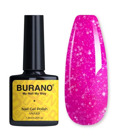 BURANO Glitter Gel Nail Polish  LED UV Nail Gel Shimmer Holographic Effect Soak off Gel Curing Required  No Chip Gel Polish Sparkle Chunky Gel Home DIY Nail Salon Nail Art Design (Hot pink) LP6