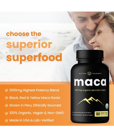 NutraChamps USDA Organic Maca Root Capsules for Women & Men, 2100mg, 180 Capsules, Black, Red & Yellow, Peruvian Maca Peruana, Extra Strength Pure Premium Gelatinized Root Powder Supplement 180 Count (Pack of 1) - Buy Online on GoSupps.com