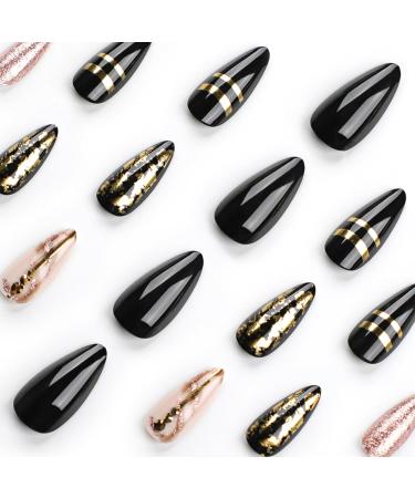 Mouyouglow Press on Nails - Almond Black Gold Foil & Pink Glitter - Glossy Marble Nail Art with Glue - Y17 - Buy Online on GoSupps.com