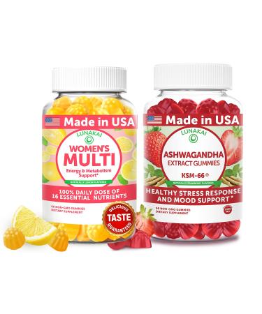 Lunakai USA Made Women s Multi & Ashwagandha Gummies Bundle 16 Essential Nutrients & KSM-66 Extract 60 Ct Each