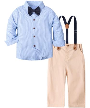 mintgreen Baby Boy Outfits Set 4pcs Infant Gentalman Wedding Suit Long Sleeves Striped Shirts + Trousers + Suspenders + Bowtie 18-24 Months Light Blue