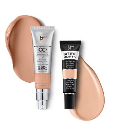 IT Cosmetics CC+ Cream with SPF 50+ Natural Finish Full Coverage Foundation (Medium Cool - 1.08 fl oz) & Bye Bye Undereye Concealer Anti-Aging Makeup (24.0 Medium Beige - 0.4 fl oz)