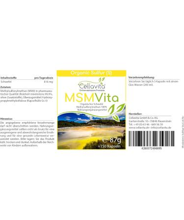 Cellavita MSM - 99.9% Pure Organic Sulfur Powder | Pharmaceutical Quality Methylsulfonylmethane (150 Capsules) - Buy Internationally - Buy Online on GoSupps.com