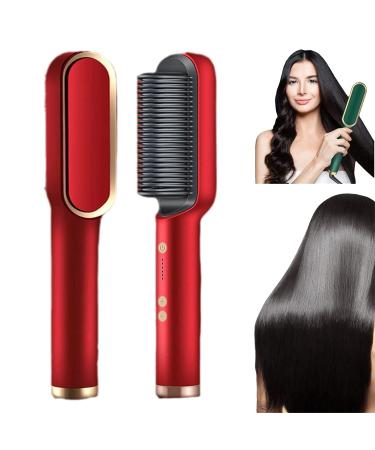 Negative Ion Hair Straightener Styling Comb 2 in 1 Hair Straightener Brush and Curler Portable Electric Straightening Comb Heated Hair Brush with 5 Temp (Red)